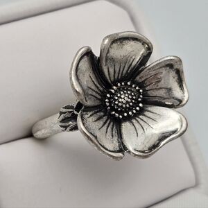Lucky Brand Wild Rose Flower Silver Tone Ring Designer Adjustable Size 5-7